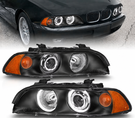 Noutati Real Auto - Faruri cu Angel Eyes pentru BMW E39 (1997-2003) Carcasă neagră, lentilă clară, becuri halogen