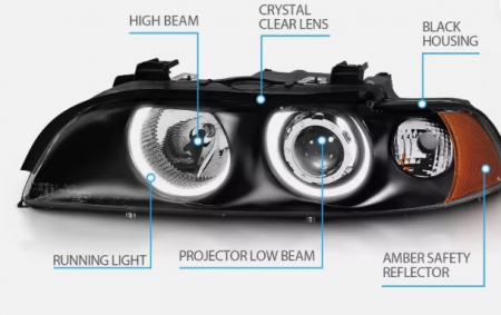 Faruri cu Angel Eyes pentru BMW E39 (1997-2003) Carcasă neagră, lentilă clară, becuri halogen [2]