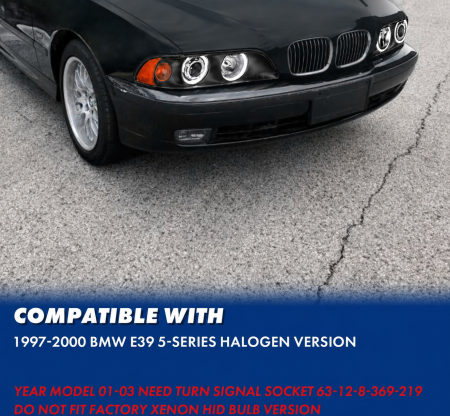 Faruri cu Angel Eyes pentru BMW E39 (1997-2003) Carcasă neagră, lentilă clară, becuri halogen [3]