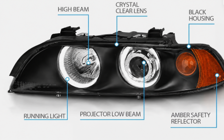 Faruri cu Angel Eyes pentru BMW E39 (1997-2003) Carcasă neagră, lentilă clară, becuri halogen [2]