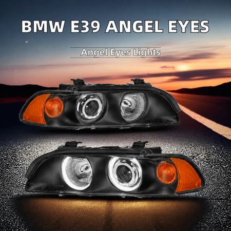 Faruri cu Angel Eyes pentru BMW E39 (1997-2003) Carcasă neagră, lentilă clară, becuri halogen [1]