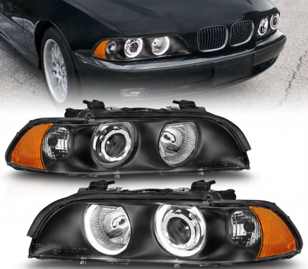 Noutati Real Auto - Faruri cu Angel Eyes pentru BMW E39 (1997-2003) Carcasă neagră, lentilă clară, becuri halogen
