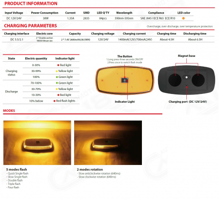 Girofar, Wireless LED Tip Beacon cu baterie reîncărcabilă și magnet, 12V-24V, pentru asistență rutieră, platforme, tehnică agricolă și altele [2]