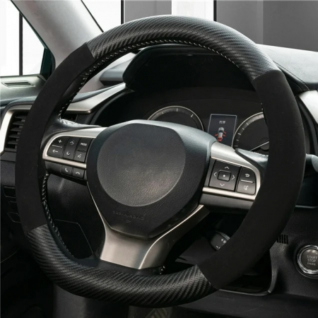 Import - Husă pentru volan, forma D-SHAPE, piele ecologică și velur, universală, neagră cu aspect de carbon, 37-38 cm