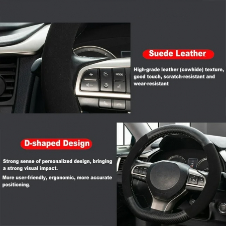 Husă pentru volan, forma D-SHAPE, piele ecologică și velur, universală, neagră cu aspect de carbon, 37-38 cm [2]