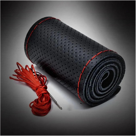 Husa Volan din Piele Neagra 38 cm cu Cusatura Rosie - Universala pentru Volane Rotunde si in Forma de D [3]
