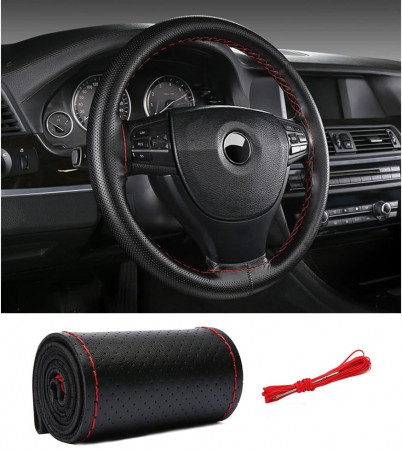 Accesorii pentru interior - Husa Volan din Piele Neagra 38 cm cu Cusatura Rosie - Universala pentru Volane Rotunde si in Forma de D