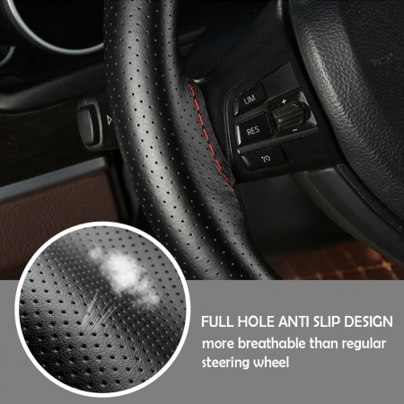 Husa Volan din Piele Neagra 38 cm cu Cusatura Rosie - Universala pentru Volane Rotunde si in Forma de D [4]