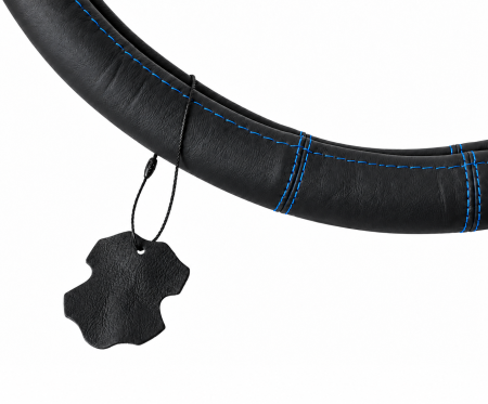 Husa volan pentru camion din piele naturala, 44-46 cm, Negru cu cusaturi albastre [1]