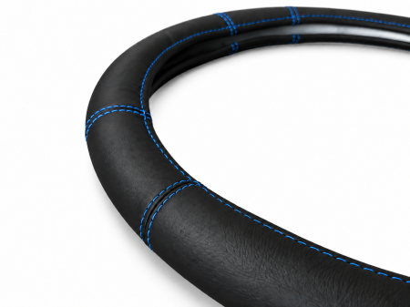 Husa volan pentru camion din piele naturala, 44-46 cm, Negru cu cusaturi albastre [2]