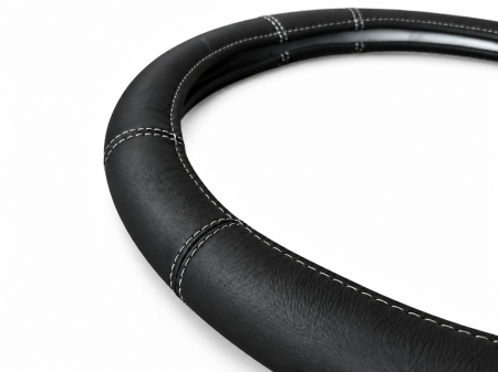 Husa volan pentru camion din piele naturala, 44-46 cm, Negru cu cusaturi gri [2]