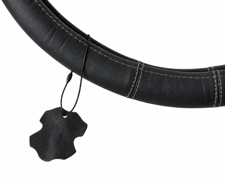 Husa volan pentru camion din piele naturala, 44-46 cm, Negru cu cusaturi gri [1]