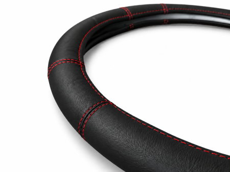 Husa volan pentru camion din piele naturala, 44-46 cm, Negru cu cusaturi rosii [2]