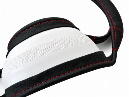 Husa volan pentru camion din piele naturala, 44-46 cm, Negru cu cusaturi rosii [5]
