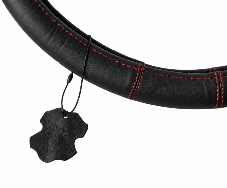 Husa volan pentru camion din piele naturala, 44-46 cm, Negru cu cusaturi rosii [1]