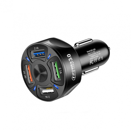 Electronice si electrice auto - Incarcator auto USB cu lumina LED, 3A, QC3.0, 4 porturi USB, Incarcare rapida, Negru