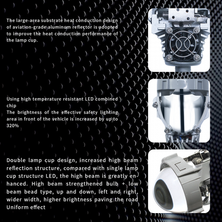 Set de Lupe Bi-LED 2.5″ Faza scurta/Faza lunga, H4, H7, HB3, HB4, 9005, seria P10, 80W, 5500K, 7000lm, 12V [4]