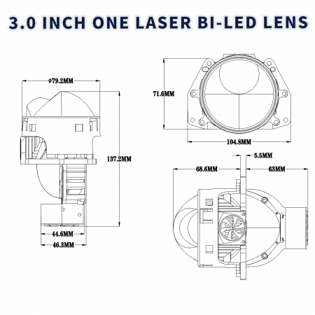 Kit 2 Lupe Bi-Led 3″ Faza scurta/Faza lunga, cu LASER, W60 P Seria, 130W, 6500K, 8000lm, 12V [2]