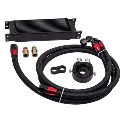 Noutati Real Auto - Kit complet radiator ulei universal din aluminiu, 13 randuri, 330 x 50 x 95 mm, AN10 37°, cu furtunuri si adaptor pentru filtru de ulei, negru