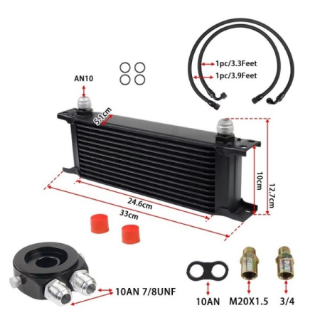 Kit complet radiator ulei universal din aluminiu, 13 randuri, 330 x 50 x 95 mm, AN10 37°, cu furtunuri si adaptor pentru filtru de ulei, negru [3]