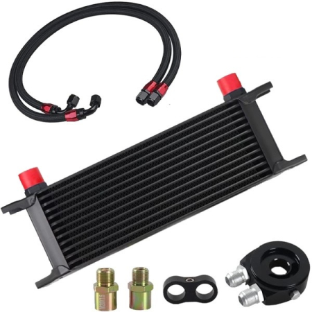 Kit complet radiator ulei universal din aluminiu, 13 randuri, 330 x 50 x 95 mm, AN10 37°, cu furtunuri si adaptor pentru filtru de ulei, negru [2]