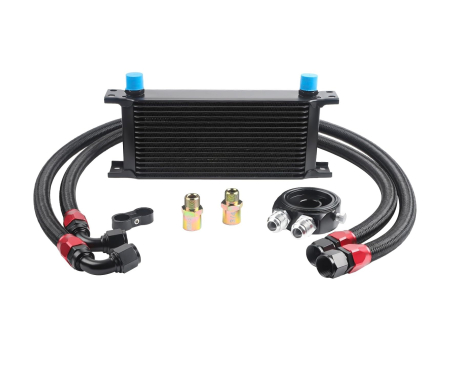 Noutati Real Auto - Kit complet radiator ulei universal din aluminiu, 16 randuri, 330 x 50 x 115 mm, AN10 37°, cu furtunuri si adaptor pentru filtru de ulei, negru