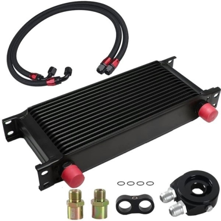 Kit complet radiator ulei universal din aluminiu, 16 randuri, 330 x 50 x 115 mm, AN10 37°, cu furtunuri si adaptor pentru filtru de ulei, negru [1]