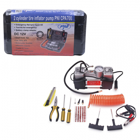 Compresoare auto - Kit Reparatii Anvelope Pni (Compresor Auto 12V 25A Cpa700 Dublu Piston + Set Accesorii)
