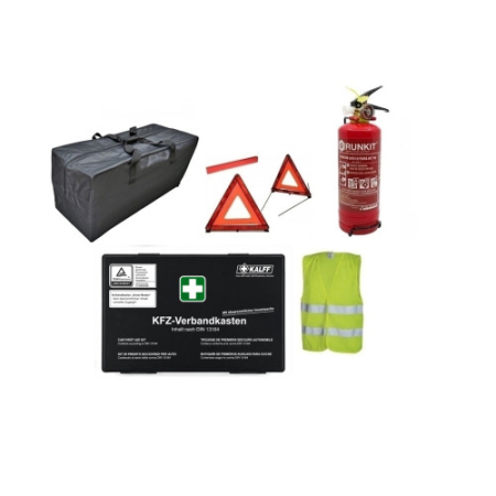 Kit-uri siguranta auto - Kit siguranta auto complet trusa cutie neagra 2 triunghiuri vesta geanta stingator cu manometru Runkit