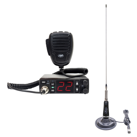 Electronice si electrice auto - Kit Statie radio CB PNI Escort HP 5500 cu antena CB PNI LED 2000, 90 cm, 500W, ilumineaza in timpul emisiei, baza magnetica inclusa