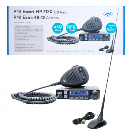 Kit statie radio CB PNI Escort HP 7120 ASQ, RF Gain, 4W, 12V si antena CB PNI Extra 48 cu magnet inclus, 45cm, SWR 1.0 AM/FM comutati doar in banda EU [13]