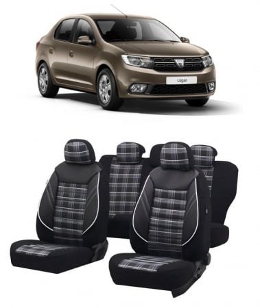 Dacia - Set huse scaune compatibile Dacia Logan 2012-2020 Piele + Textil (Compatibile cu sistem AIRBAG)