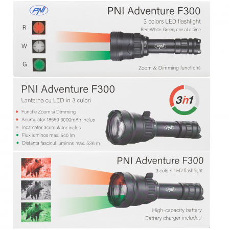 Lanterna PNI Adventure F300 cu LED in 3 culori, alb, rosu, verde, max. 10W, IPX6, distanta 536 m, flux luminos 540 lm, acumulator 18650 3000mAh inclus, incarcator pentru acumulator inclus, functie zoo [12]