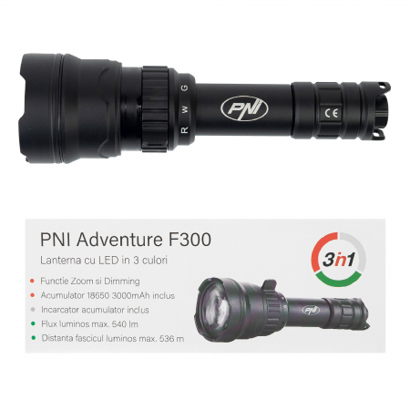 Lanterna PNI Adventure F300 cu LED in 3 culori, alb, rosu, verde, max. 10W, IPX6, distanta 536 m, flux luminos 540 lm, acumulator 18650 3000mAh inclus, incarcator pentru acumulator inclus, functie zoo [3]
