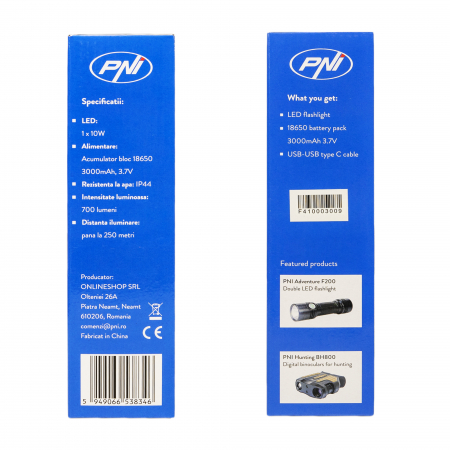 Lanterna PNI Adventure F410 din aluminiu, cu LED 10W, 700 lumeni, pana la 250 m, IP44, USB Tip C, acumulatori 3000mAh inclusi [9]