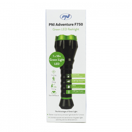 Lanterna PNI Adventure F750 Green Light din aluminiu, LED 10W, 500 lm, pana la 850 m, IP44, acumulator 4000mAh inclus, incarcare prin USB Type-C, lumina verde perfecta la vanatoare [17]