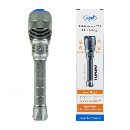 Import - Lanterna PNI Adventure F810 cu LED 138 W, 3 niveluri iluminare plus Turbo, 12000 lumeni, zoom, pana la 250 m, acumulator 5000 mAh, IPX7, functie Power BanK