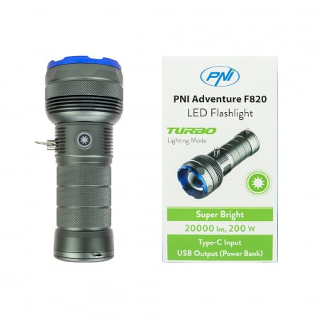 Lanterna PNI Adventure F820 200 W, 3 niveluri iluminare plus Turbo, 20000 lumeni, pana la 350 m, acumulator 2600 mAh, IPX7, functie Power BanK [4]