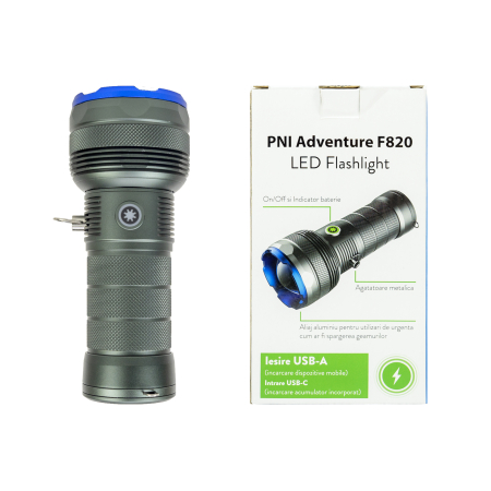 Lanterna PNI Adventure F820 200 W, 3 niveluri iluminare plus Turbo, 20000 lumeni, pana la 350 m, acumulator 2600 mAh, IPX7, functie Power BanK [3]