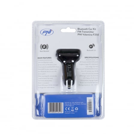 Modulator FM PNI Valentine F250 Bluetooth 5.0, MP3 player, transmitator FM, slot micro SD, port USB dual, incarcare rapida dispozitive mobile, buton super bass [1]