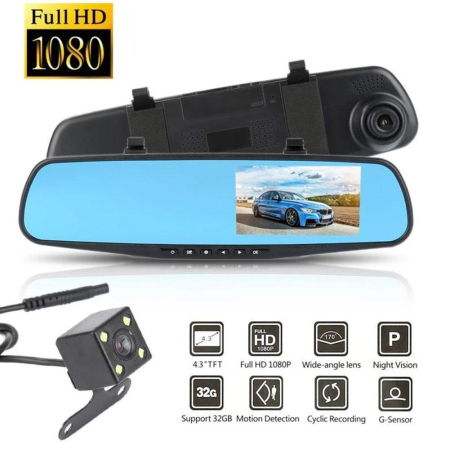Oglinzi auto si accesorii - Oglinda retrovizoare cu camera fata si marsarier Full HD 1080P, 12-24V