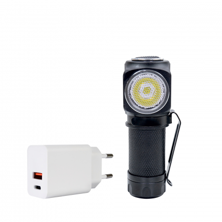 Import - Pachet Lanterna frontala PNI Adventure F75 cu LED 6W, 600 lm, din aluminiu, cu acumulator si alimentator PNI CHG300 cu port USB C, QC3.0, PD3.0, PPS si port USB-A, 30W