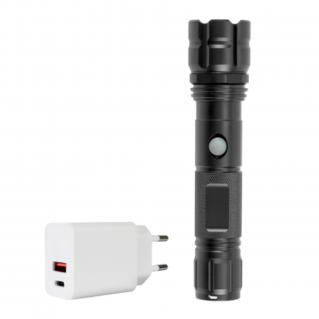 Import - Pachet lanterna PNI Adventure F10 din aluminiu cu LED 6W, 500lm pana la 200m focus, cu acumulator si alimentator PNI CHG300 cu port USB C, QC3.0, PD3.0, PPS si port USB-A, 30W