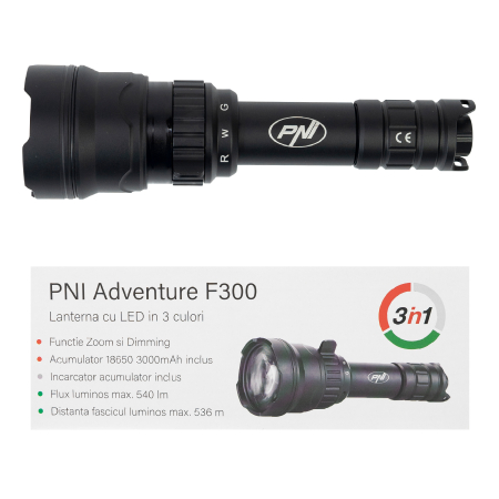 Pachet Lanterna PNI Adventure F300 cu LED in 3 culori, alb, rosu, verde, max. 10W, IPX6 cu sticky Pad Blue inclus [1]