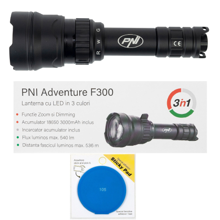 Pachet Lanterna PNI Adventure F300 cu LED in 3 culori, alb, rosu, verde, max. 10W, IPX6 cu sticky Pad Blue inclus [25]