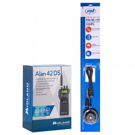 Pachet statie radio CB portabila Midland Alan 42 DS, cu Squelch Automat Digital, 12V + Antena CB PNI ML100, lungime 100 cm, 26-30MHz, magnet 125mm inclus [0]