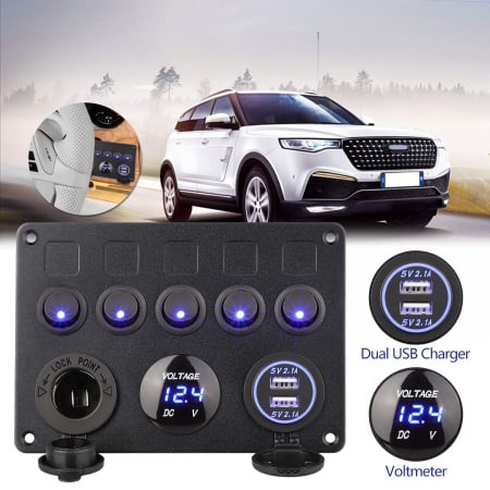 Panou comutator auto pentru încorporare cu 5 butoane 12V-24V 2 buc USB 4.2A cu priză de ieșire 12V pentru brichetă și voltmetru dublu LED Negru [2]