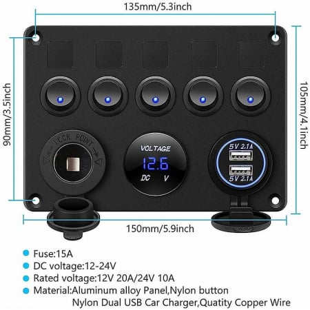 Panou comutator auto pentru încorporare cu 5 butoane 12V-24V 2 buc USB 4.2A cu priză de ieșire 12V pentru brichetă și voltmetru dublu LED Negru [9]