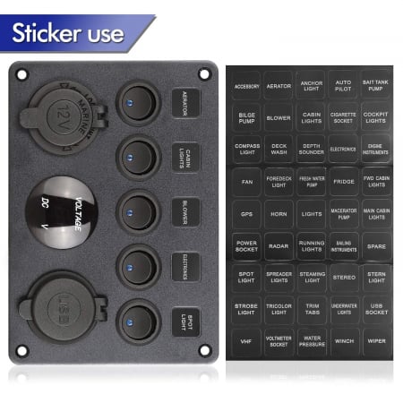 Panou comutator auto pentru încorporare cu 5 butoane 12V-24V 2 buc USB 4.2A cu priză de ieșire 12V pentru brichetă și voltmetru dublu LED Negru [4]