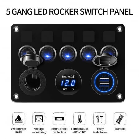 Panou comutator auto pentru încorporare cu 5 butoane 12V-24V 2 buc USB 4.2A cu priză de ieșire 12V pentru brichetă și voltmetru dublu LED Negru [10]